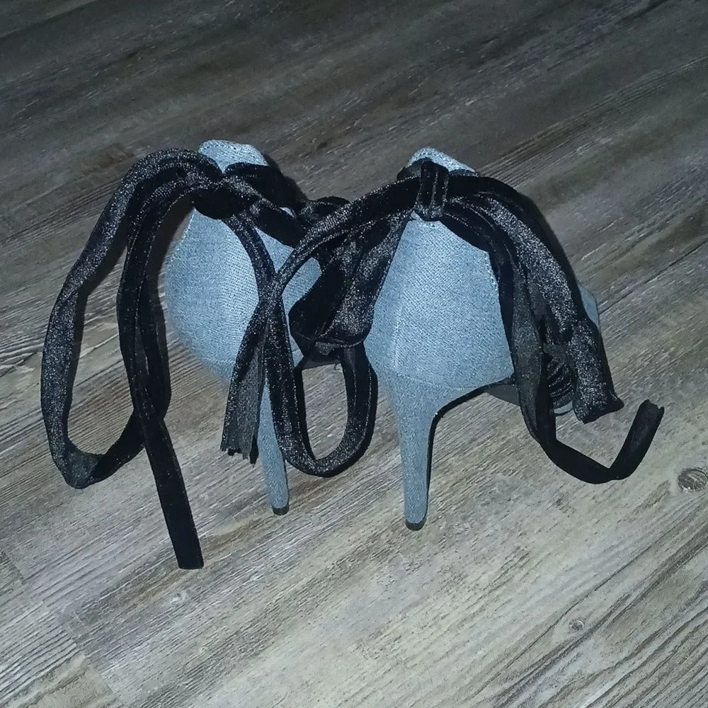 Cape Robbin Denim Black Peep Toe Ankle Straps Heels NWOT Sz 8